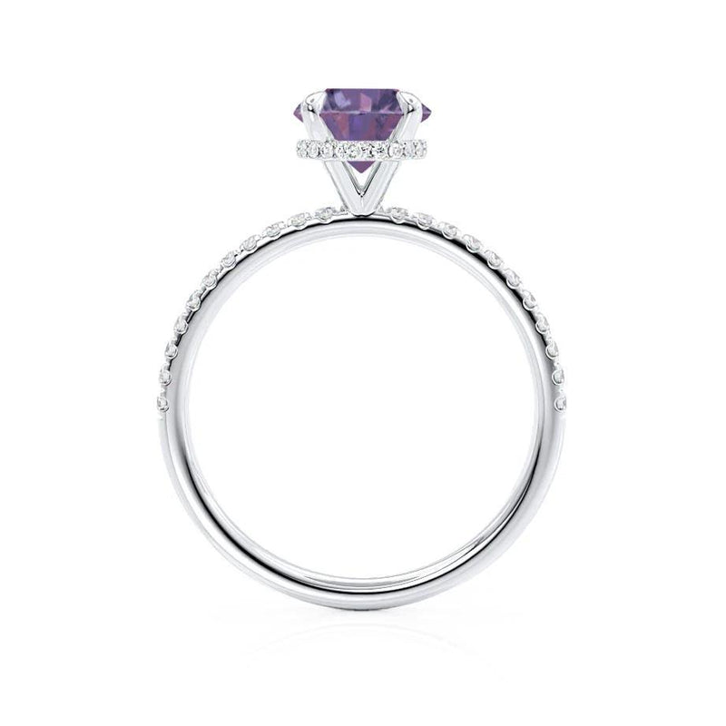 LIVELY - Chatham® Round Alexandrite 18k White Gold Petite Hidden Halo Pavé Shoulder Set Ring Engagement Ring Lily Arkwright