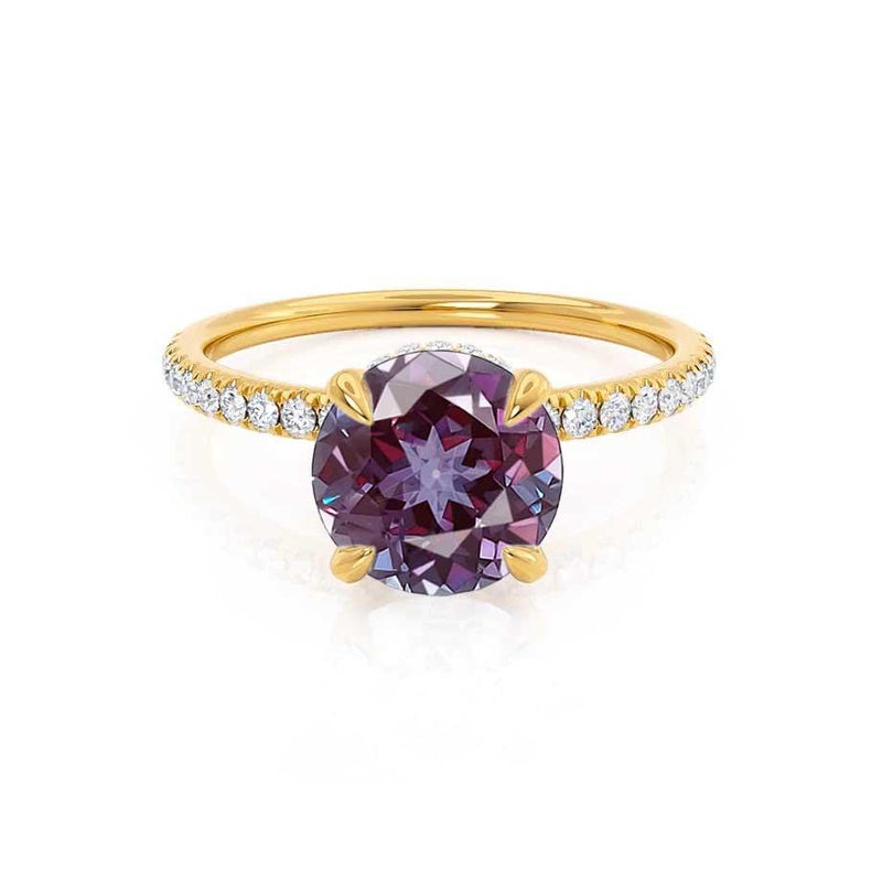 LIVELY - Chatham® Round Alexandrite 18k Yellow Gold Petite Hidden Halo Pavé Shoulder Set Ring Engagement Ring Lily Arkwright