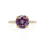 Lively yellow gold shoulder set Chatham round alexandrite diamond engagement ring Lily Arkwright 