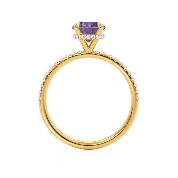 LIVELY - Chatham® Round Alexandrite 18k Yellow Gold Petite Hidden Halo Pavé Shoulder Set Ring Engagement Ring Lily Arkwright
