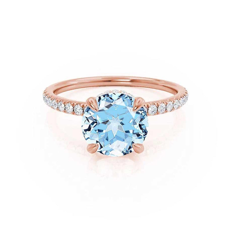 LIVELY - Chatham® Round Aqua Spinal 18k Rose Gold Petite Hidden Halo Pavé Shoulder Set Ring Engagement Ring Lily Arkwright