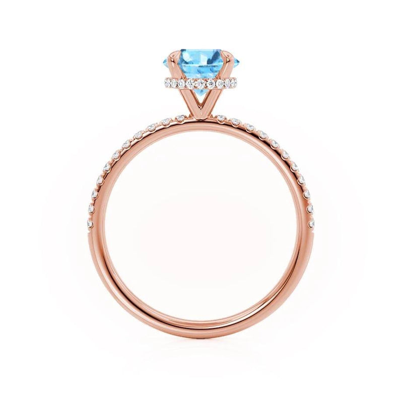 LIVELY - Chatham® Round Aqua Spinal 18k Rose Gold Petite Hidden Halo Pavé Shoulder Set Ring Engagement Ring Lily Arkwright