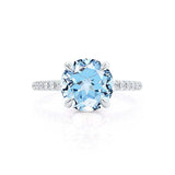 LIVELY - Chatham® Round Aqua Spinal 950 Platinum Petite Hidden Halo Pavé Shoulder Set Ring Engagement Ring Lily Arkwright