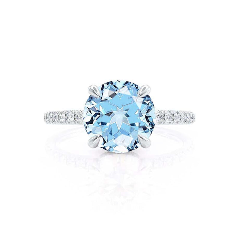 LIVELY - Chatham® Round Aqua Spinal 950 Platinum Petite Hidden Halo Pavé Shoulder Set Ring Engagement Ring Lily Arkwright