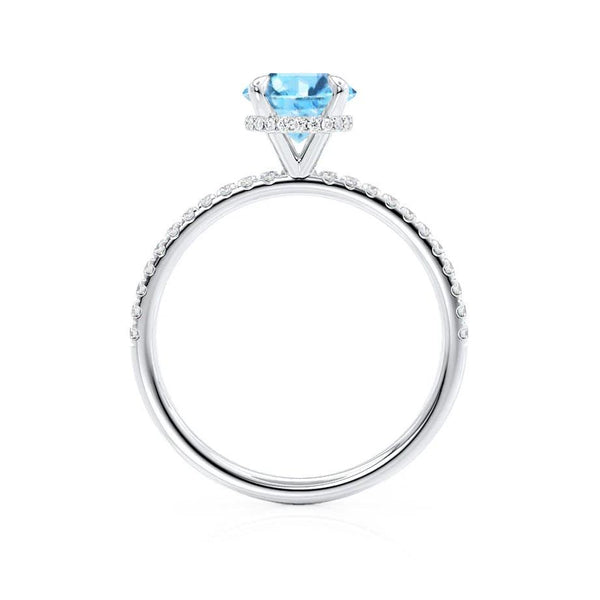LIVELY - Chatham® Round Aqua Spinal 18k White Gold Petite Hidden Halo Pavé Shoulder Set Ring Engagement Ring Lily Arkwright