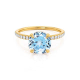 LIVELY - Chatham® Round Aqua Spinal 18k Yellow Gold Petite Hidden Halo Pavé Shoulder Set Ring Engagement Ring Lily Arkwright