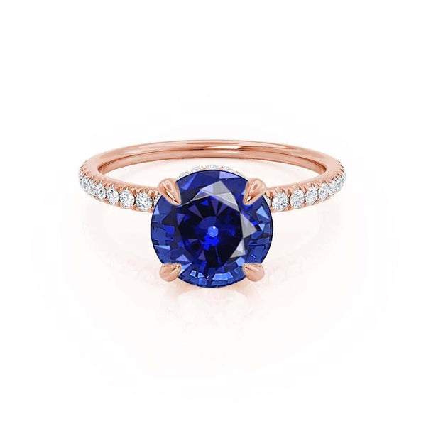 LIVELY - Round Blue Sapphire 18k Rose Gold Petite Hidden Halo Pavé Shoulder Set Ring Engagement Ring Lily Arkwright