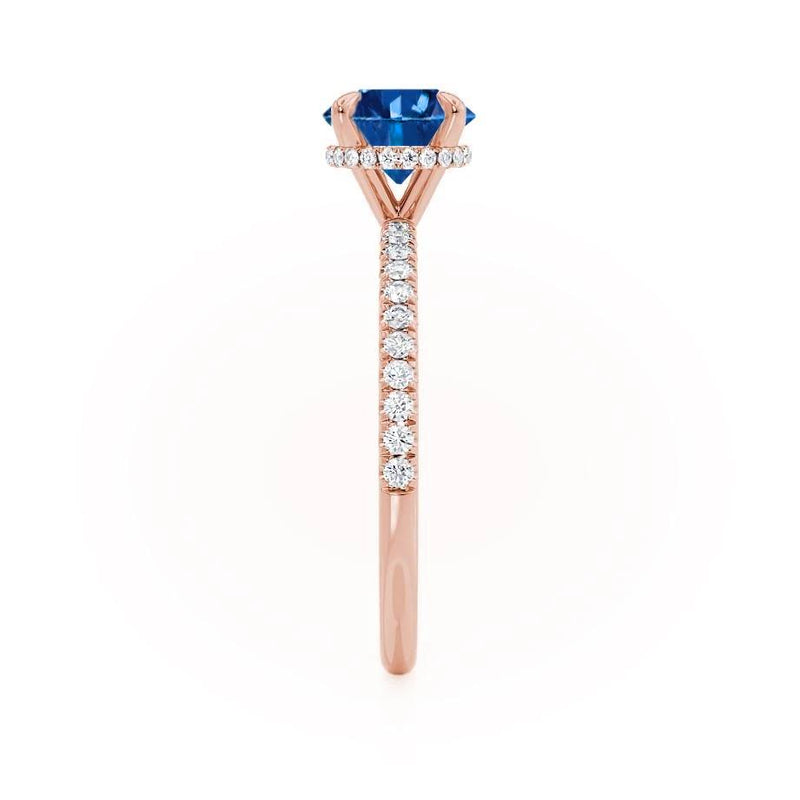 Lively brilliant round cut blue sapphire and diamond engagement ring rose gold shoulder set Lily Arkwright 