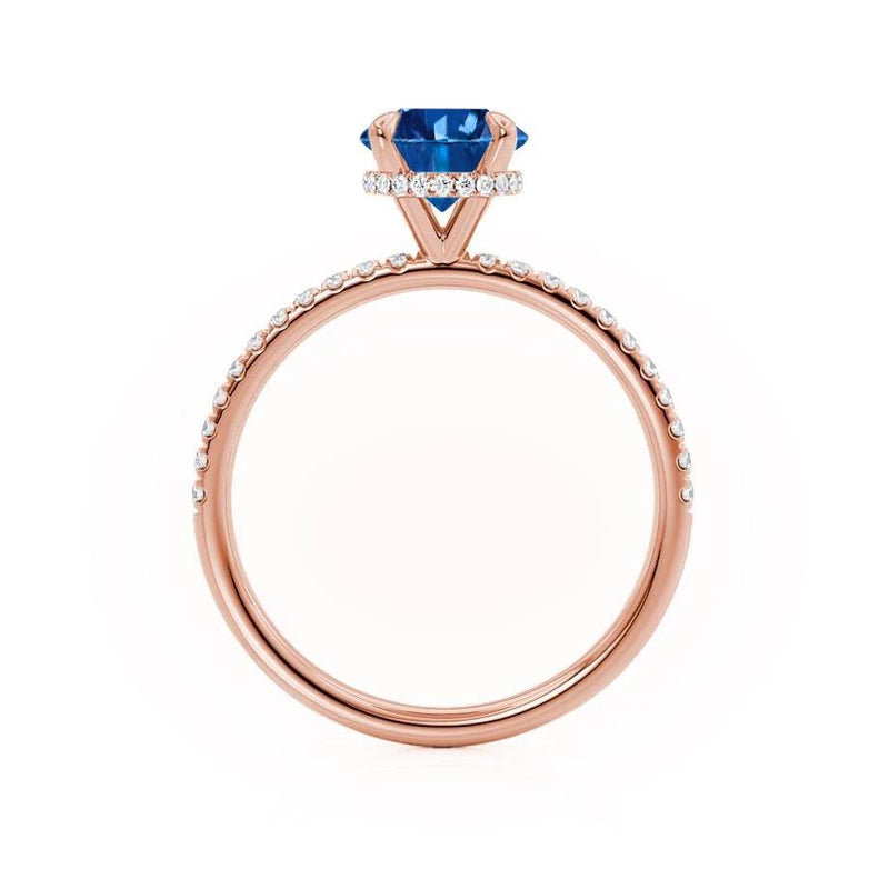 Lively rose gold shoulder set Chatham round blue sapphire diamond engagement ring Lily Arkwright 
