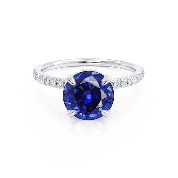 LIVELY - Round Blue Sapphire 950 Platinum Petite Hidden Halo Pavé Shoulder Set Ring Engagement Ring Lily Arkwright