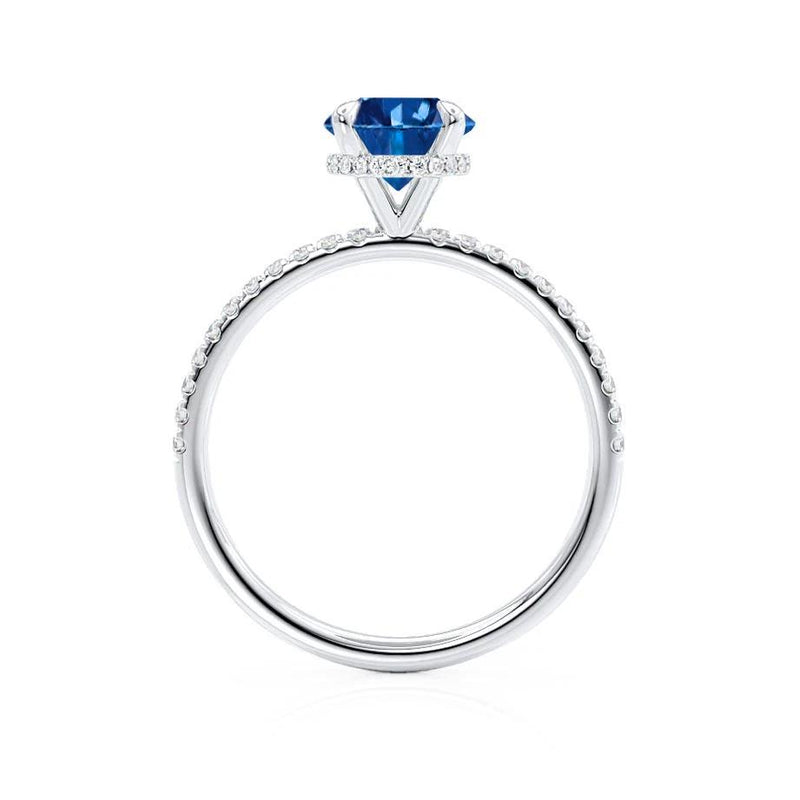 LIVELY - Round Blue Sapphire 950 Platinum Petite Hidden Halo Pavé Shoulder Set Ring Engagement Ring Lily Arkwright