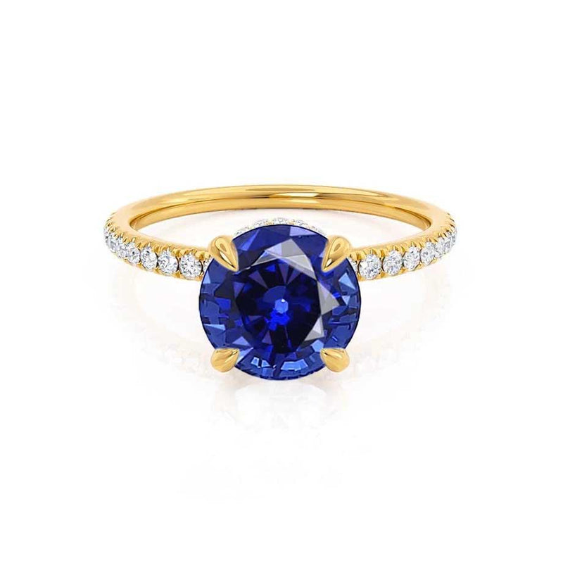 Lively Round cut blue sapphire lab diamond engagement ring 18k yellow gold shoulder set ring by Lily Arkwright