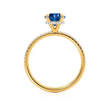Lively round cut chatham blue sapphire lab diamond engagement ring 18k yellow gold classic hidden halo Lily Arkwright 