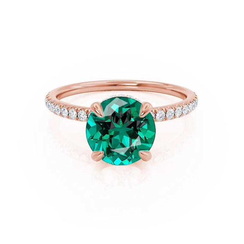 LIVELY - Chatham® Round Emerald 18k Rose Gold Petite Hidden Halo Pavé Shoulder Set Ring Engagement Ring Lily Arkwright