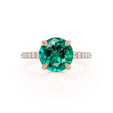 LIVELY - Chatham® Round Emerald 18k Rose Gold Petite Hidden Halo Pavé Shoulder Set Ring Engagement Ring Lily Arkwright