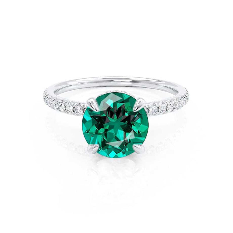 Lively Round cut emerald lab diamond engagement ring 18k white gold shoulder set ring by Lily Arkwright 