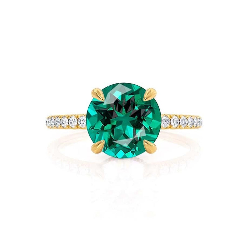 LIVELY - Chatham® Round Emerald 18k Yellow Gold Petite Hidden Halo Pavé Shoulder Set Ring Engagement Ring Lily Arkwright