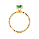LIVELY - Chatham® Round Emerald 18k Yellow Gold Petite Hidden Halo Pavé Shoulder Set Ring Engagement Ring Lily Arkwright