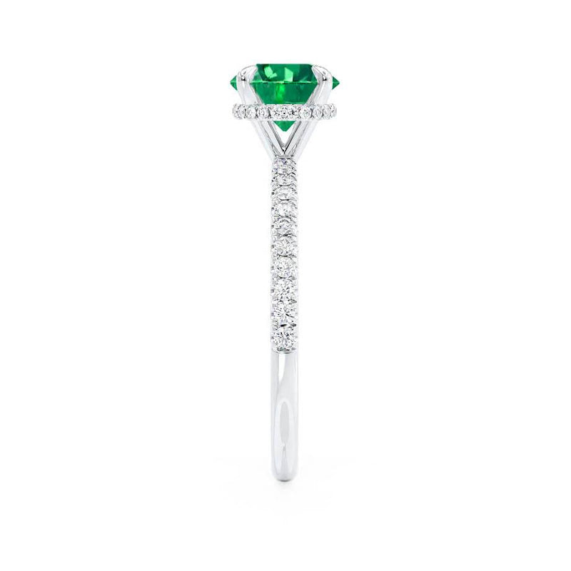 Lively white gold shoulder set Chatham round emerald diamond engagement ring Lily Arkwright 
