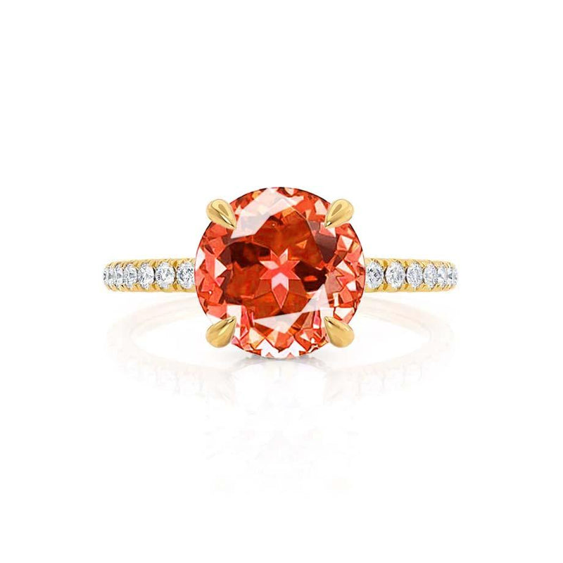 LIVELY - Chatham® Round Padparadscha 18k Yellow Gold Petite Hidden Halo Pavé Shoulder Set Ring Engagement Ring Lily Arkwright