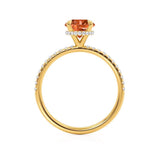 LIVELY - Chatham® Round Padparadscha 18k Yellow Gold Petite Hidden Halo Pavé Shoulder Set Ring Engagement Ring Lily Arkwright