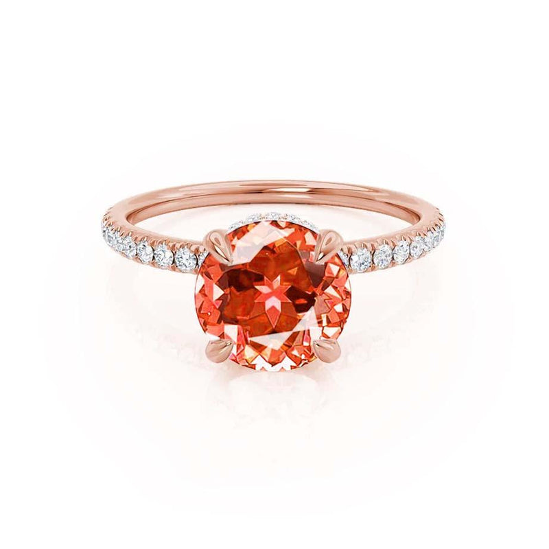 LIVELY - Chatham® Round Padparadscha 18k Rose Gold Petite Hidden Halo Pavé Shoulder Set Ring Engagement Ring Lily Arkwright