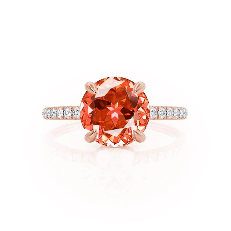 LIVELY - Chatham® Round Padparadscha 18k Rose Gold Petite Hidden Halo Pavé Shoulder Set Ring Engagement Ring Lily Arkwright