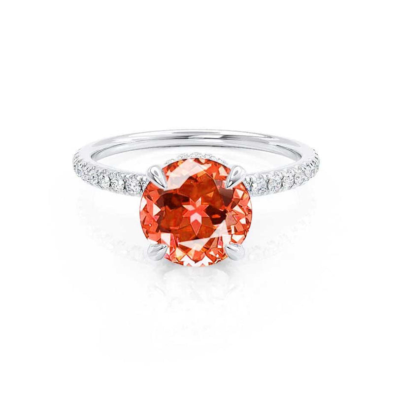 LIVELY - Chatham® Round Padparadscha 950 Platinum Petite Hidden Halo Pavé Shoulder Set Ring Engagement Ring Lily Arkwright