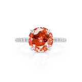 Lively white gold shoulder set Chatham round padparadscha sapphire diamond engagement ring Lily Arkwright 