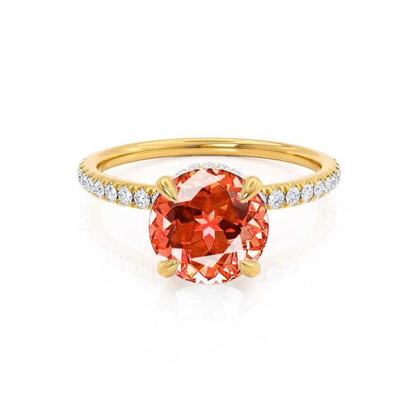 Lively Round cut padparadscha sapphire lab diamond engagement ring 18k yellow gold shoulder set ring by Lily Arkwright 
