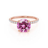 LIVELY Chatham® Round Pink Sapphire 18k Rose Gold Petite Hidden Halo Pavé Shoulder Set Ring Engagement Ring Lily Arkwright