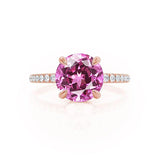LIVELY Chatham® Round Pink Sapphire 18k Rose Gold Petite Hidden Halo Pavé Shoulder Set Ring Engagement Ring Lily Arkwright