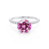 Lively Round cut pink sapphire lab diamond engagement ring 18k white gold shoulder set ring by Lily Arkwright 