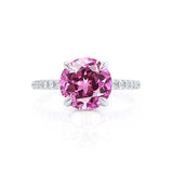 LIVELY Chatham® Round Pink Sapphire 950 Platinum Petite Hidden Halo Pavé Shoulder Set Ring Engagement Ring Lily Arkwright