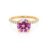LIVELY Chatham® Round Pink Sapphire 18k Yellow Gold Petite Hidden Halo Pavé Shoulder Set Ring Engagement Ring Lily Arkwright