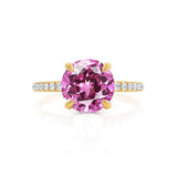 LIVELY Chatham® Round Pink Sapphire 18k Yellow Gold Petite Hidden Halo Pavé Shoulder Set Ring Engagement Ring Lily Arkwright