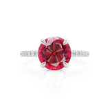 LIVELY - Chatham® Round Ruby 950 Platinum Petite Hidden Halo Pavé Shoulder Set Ring Engagement Ring Lily Arkwright