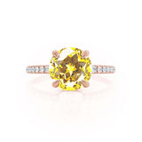 LIVELY Chatham® Round Yellow Sapphire 18k Rose Gold Petite Hidden Halo Pavé Shoulder Set Ring Engagement Ring Lily Arkwright