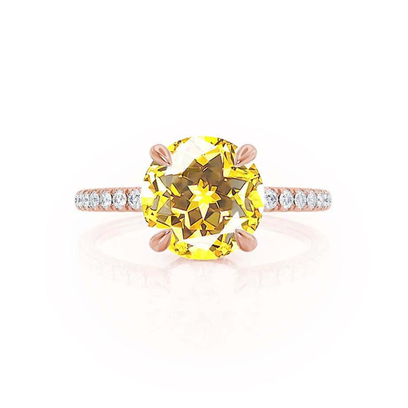 LIVELY Chatham® Round Yellow Sapphire 18k Rose Gold Petite Hidden Halo Pavé Shoulder Set Ring Engagement Ring Lily Arkwright