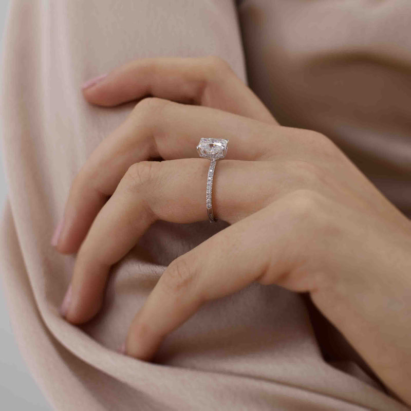 LIVELY - Radiant Moissanite & Diamond 18k Rose Gold Petite Hidden Halo Pavé Shoulder Set Ring Engagement Ring Lily Arkwright