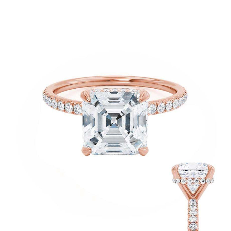 LIVELY - Asscher Moissanite & Diamond 18k Rose Gold Hidden Halo Micro Pavé Shoulder Set Engagement Ring Lily Arkwright