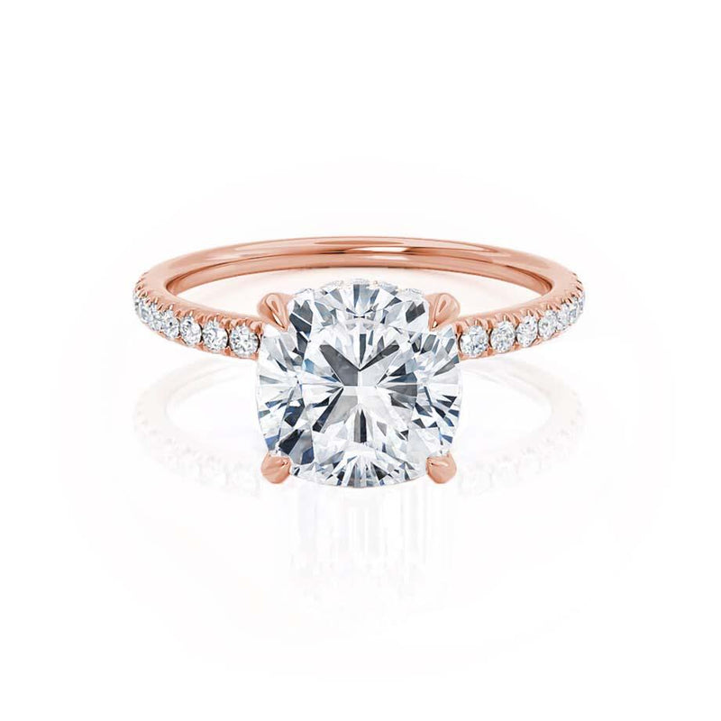 LIVELY - Cushion Lab Diamond 18k Rose Gold Petite Hidden Halo Pavé Shoulder Set Engagement Ring Lily Arkwright