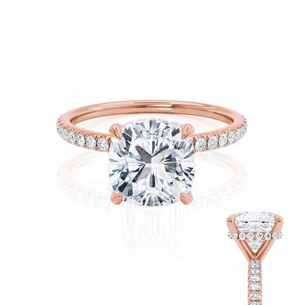 LIVELY - Cushion Moissanite & Diamond 18k Rose Gold Hidden Halo Micro Pavé Shoulder Set Engagement Ring Lily Arkwright