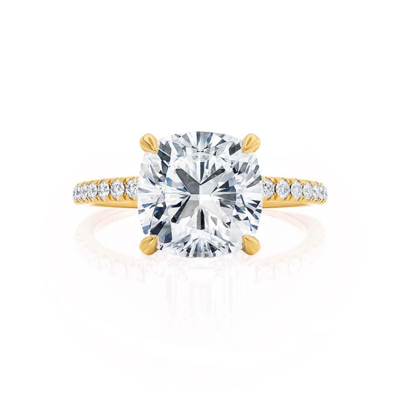 LIVELY - Cushion Moissanite & Diamond 18k Yellow Gold Hidden Halo Micro Pavé Shoulder Set Engagement Ring Lily Arkwright