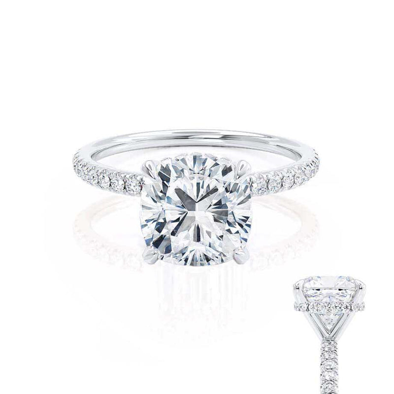 LIVELY - Cushion Moissanite & Diamond 18k White Gold Hidden Halo Micro Pavé Shoulder Set Engagement Ring Lily Arkwright