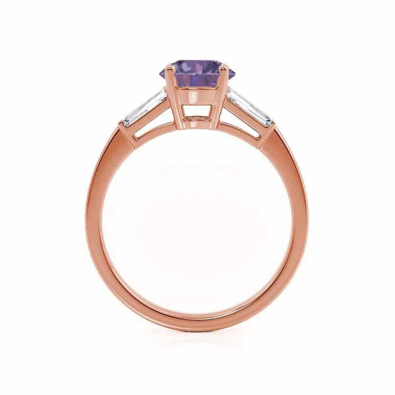LOVETTA - Round & Baguette Chatham® Alexandrite 18k Rose Gold Trilogy Engagement Ring Lily Arkwright