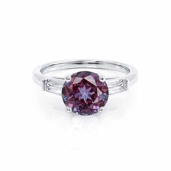 LOVETTA - Round & Baguette Chatham® Alexandrite 18k White Gold Trilogy Engagement Ring Lily Arkwright