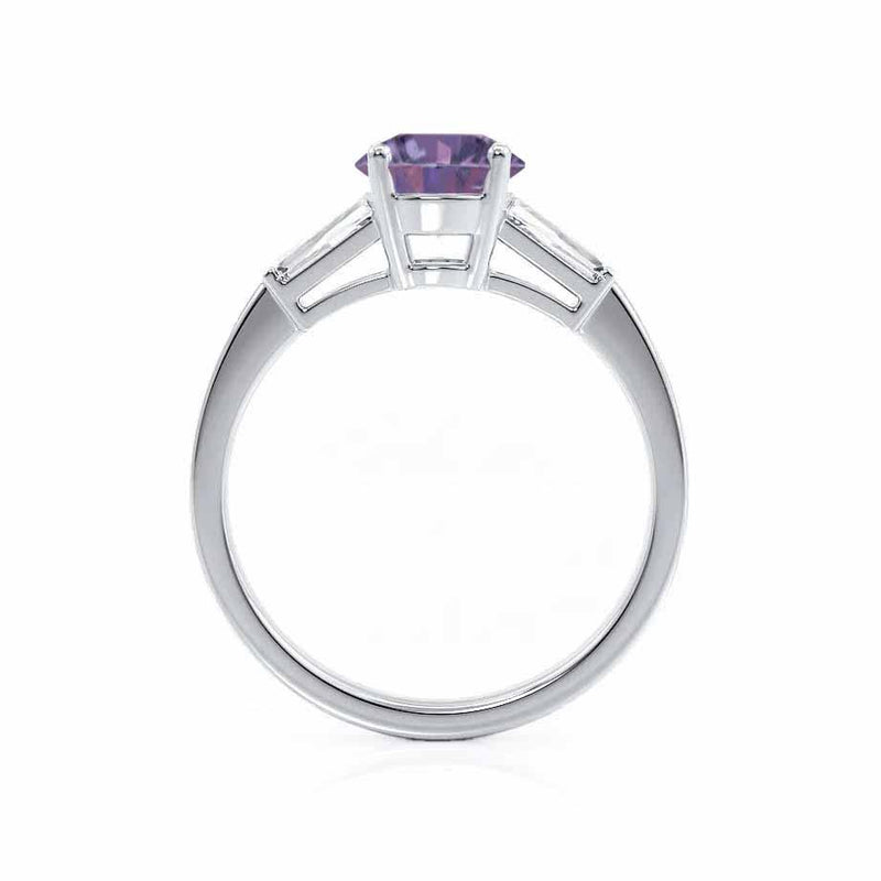 LOVETTA - Round & Baguette Chatham® Alexandrite 18k White Gold Trilogy Engagement Ring Lily Arkwright