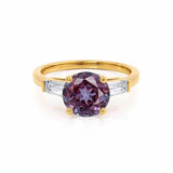 LOVETTA - Round & Baguette Chatham® Alexandrite 18k Yellow Gold Trilogy Engagement Ring Lily Arkwright