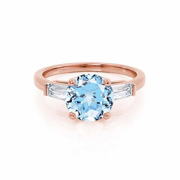 LOVETTA - Round & Baguette Chatham® Aqua Spinel 18k Rose Gold Trilogy Engagement Ring Lily Arkwright